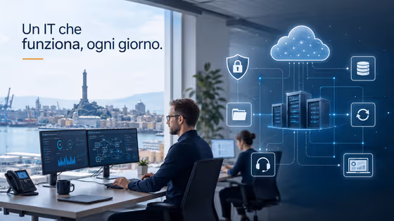 Illustrazione di un ambiente di lavoro a Genova con servizi cloud, documenti e backup collegati